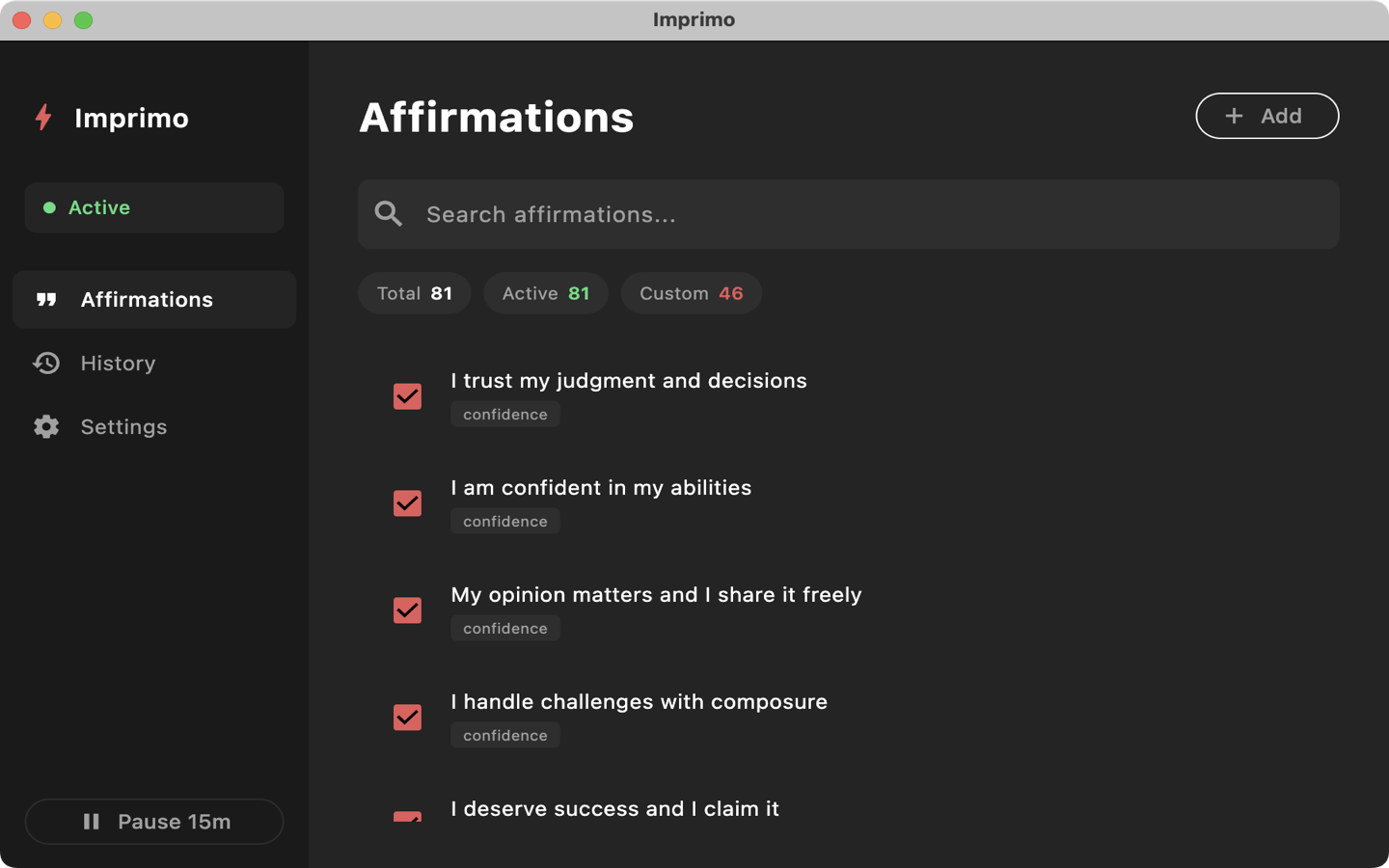 Imprimo main screen showing focus area selection