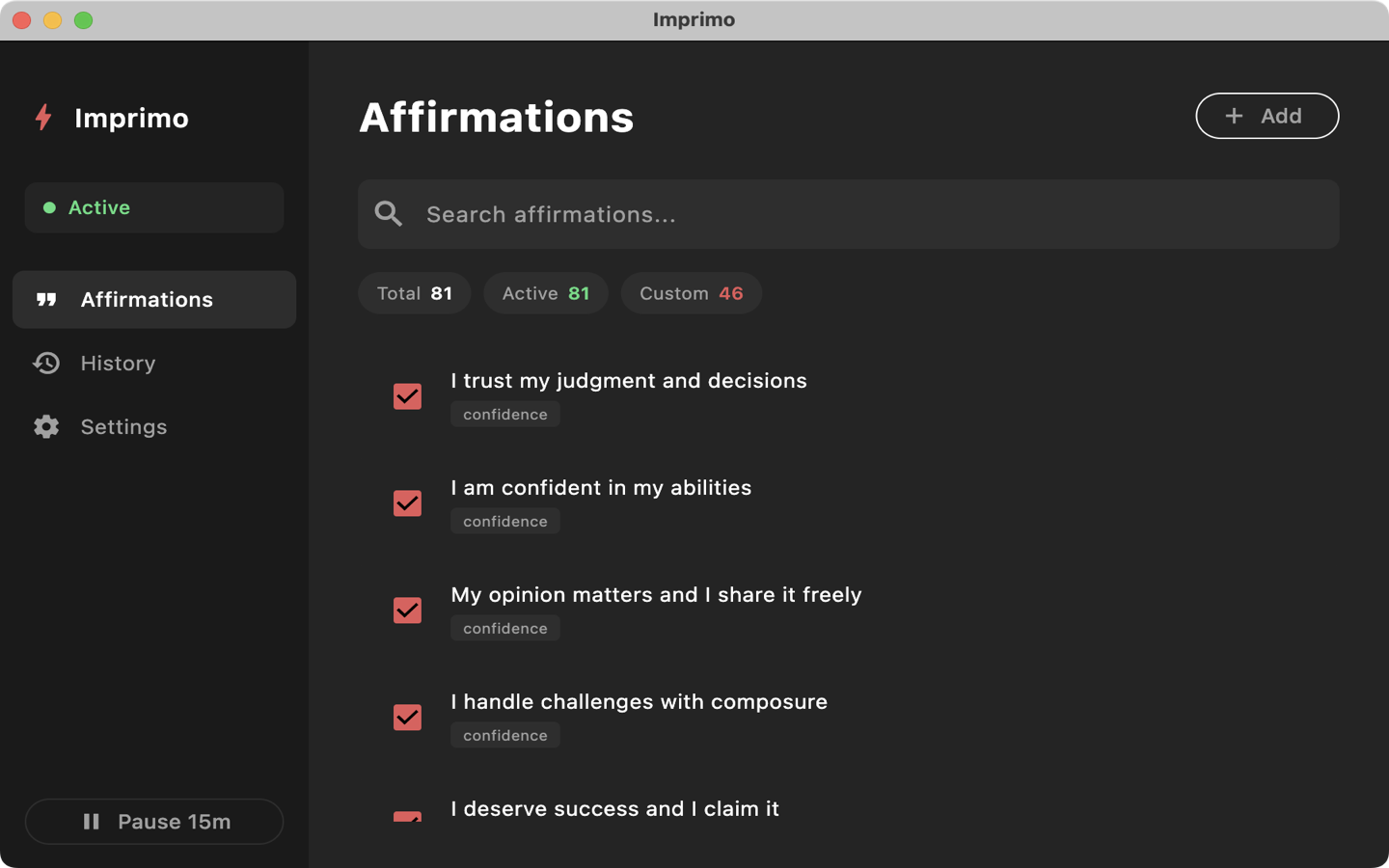 Imprimo history screen showing activity